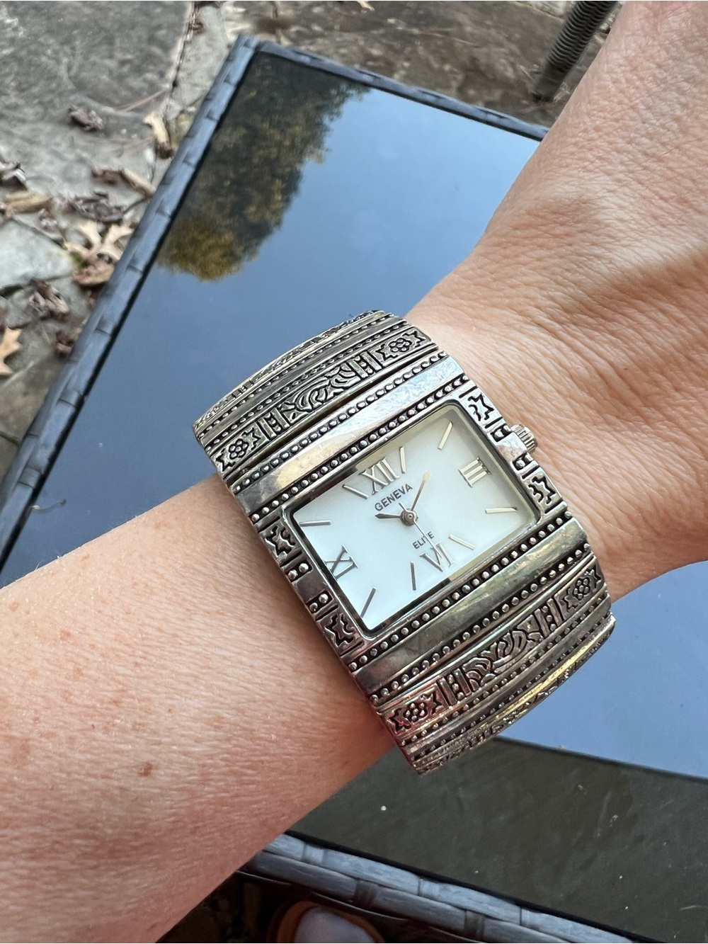 Vintage Y2K Silver-Tone Engraved Cuff Watch with White Dial